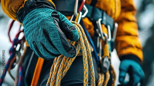 A close-up of a climber’s hand gripping a rope, equipped with essential mountaineering gear, showcasing adventure and extreme sports in cold conditions.