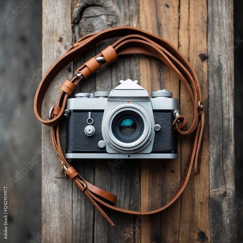 Vintage camera on rustic wood showcasing classic design.