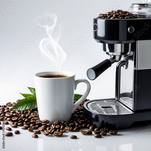 Steaming coffee next to espresso machine with beans and fresh leaves