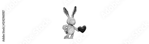 cute toy bunny in striped sweater holds heart isolated on white background retro pop art halftone effect collage element for mixed media love design dotted texture grunge cutout object