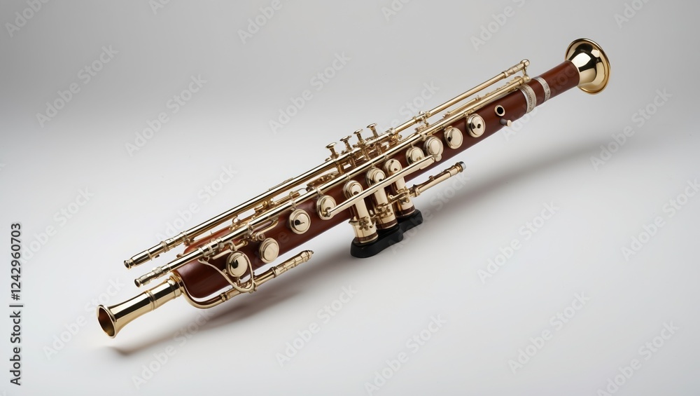 Fototapeta premium Glossy Brass Trumpet on Black Stand Against Gray Backdrop