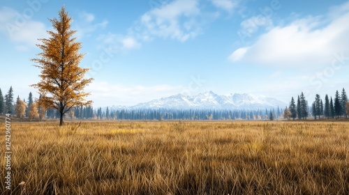 Solitary autumn tree in mountain meadow