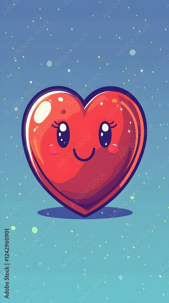 Fototapeta premium A cute, smiling red heart character with big eyes and rosy cheeks against a light blue cosmic background filled with stars.