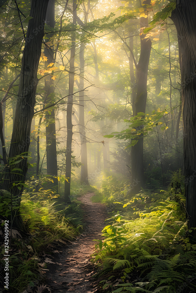Fototapeta premium Ethereal Misty Morning in a Dense Forest Illuminated by Gentle Sunlight