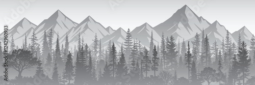 Mountain range and forest isolated on white background, seamless border, panoramic view, vector illustration