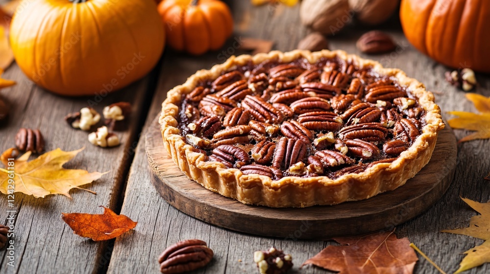 Fototapeta premium Delicious pecan pie sitting on rustic wooden table surrounded by autumn decorations