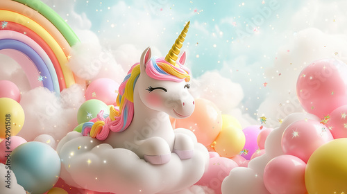 Cartoon Unicorns in Rainbow Fantasy with Sparkling Clouds and Pastel Balloons, Generative AI photo