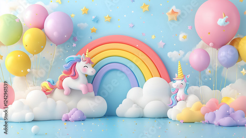 Rainbow Fantasy with Cartoon Unicorns, Pastel Balloons, and Sparkling Clouds, Generative AI photo