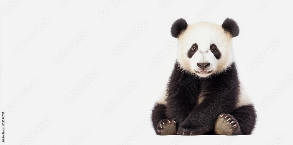 Fototapeta premium Adorable Panda Cub Sits Calmly on White Background, Wildlife Animal Theme.