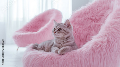 American Shorthair Cats on Pink Fur Chairs in All-White Modern Room, Generative AI photo