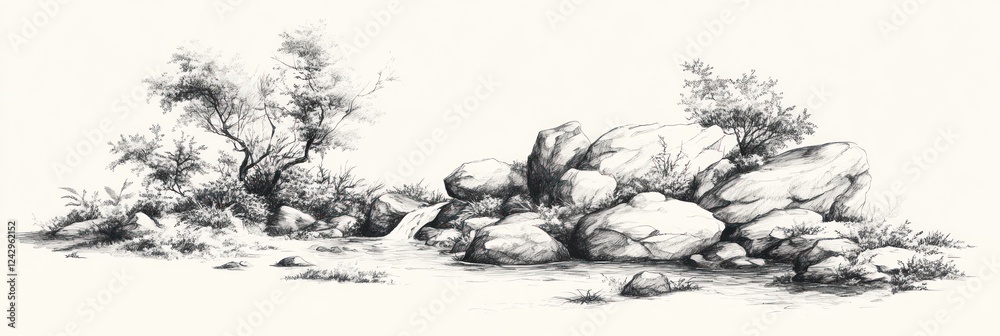 Fototapeta premium Tranquil Waterfall Scene Amidst Rocks and Trees