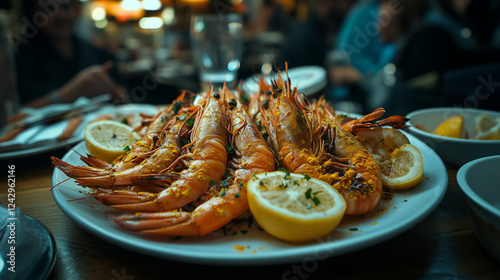 Photo of a large plate of boiled prawns with turmeric seasoning, fresh lemon slices on the side, Ai generated images photo