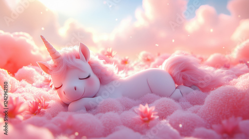 Dreamy White Unicorn on Cloud with Kawaii Aesthetic in Spring Garden, Generative AI photo