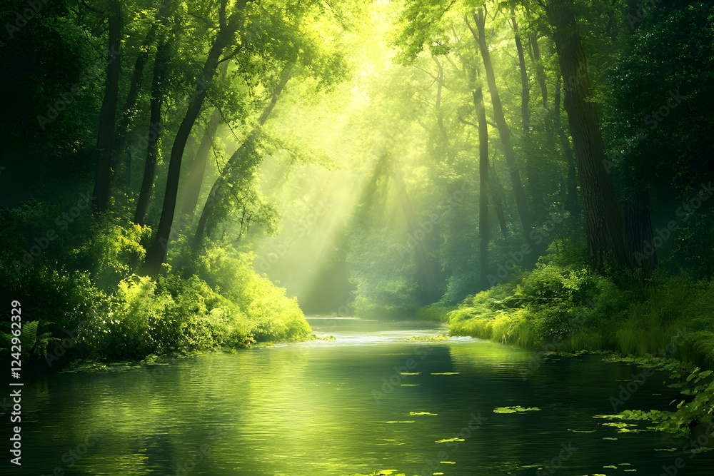 Obraz premium Serene forest river under sunlit canopy