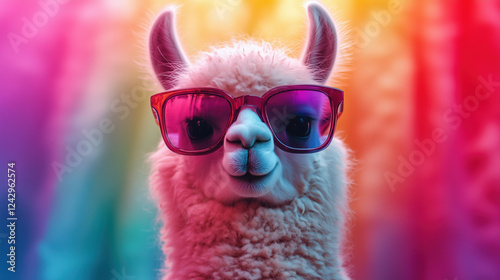 Stylish Llama in Sunglasses with Rainbow Background, Playful and Cute Design, Generative AI