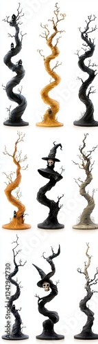 Halloween themed twisted trees display spooky forest decorative art mysterious atmosphere close-up view seasonal concept photo