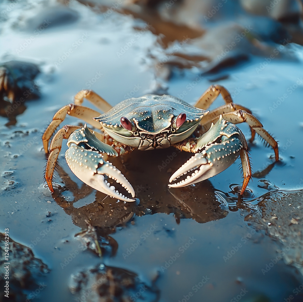 A crab sits in shallow blue calm water in the puddle. A crab sits in shallow blue calm water in the puddle.