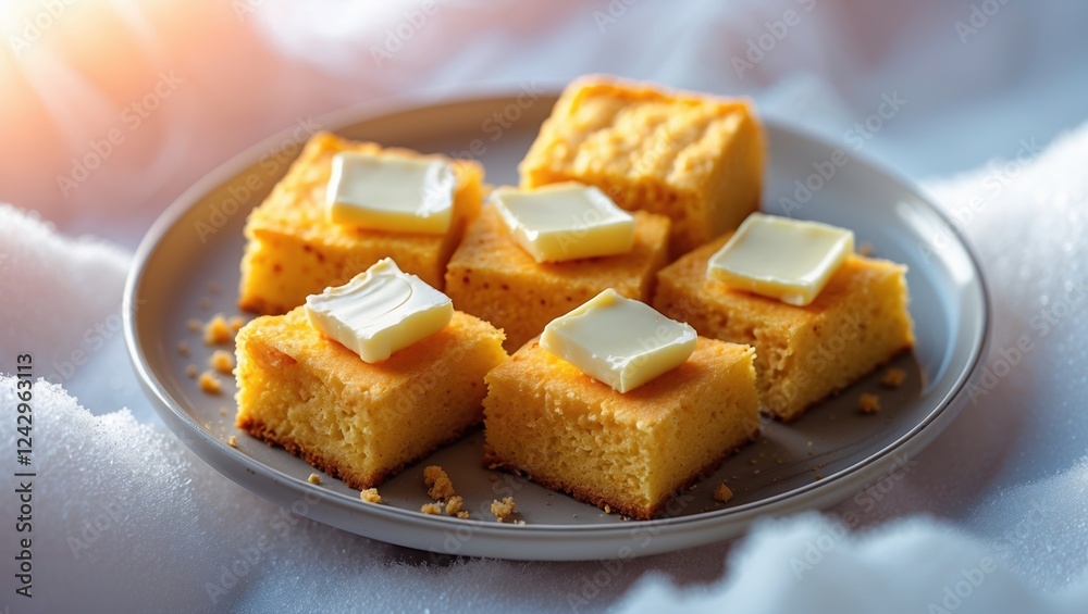 Delicious golden cornbread squares with butter on gray plate, warm lighting highlights textures Delicious golden cornbread squares with butter on gray plate, warm lighting highlights textures
