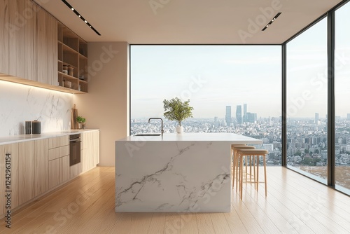 Modern kitchen, city view, island, sunrise, design, home, interior, luxury, apartment, real estate photo