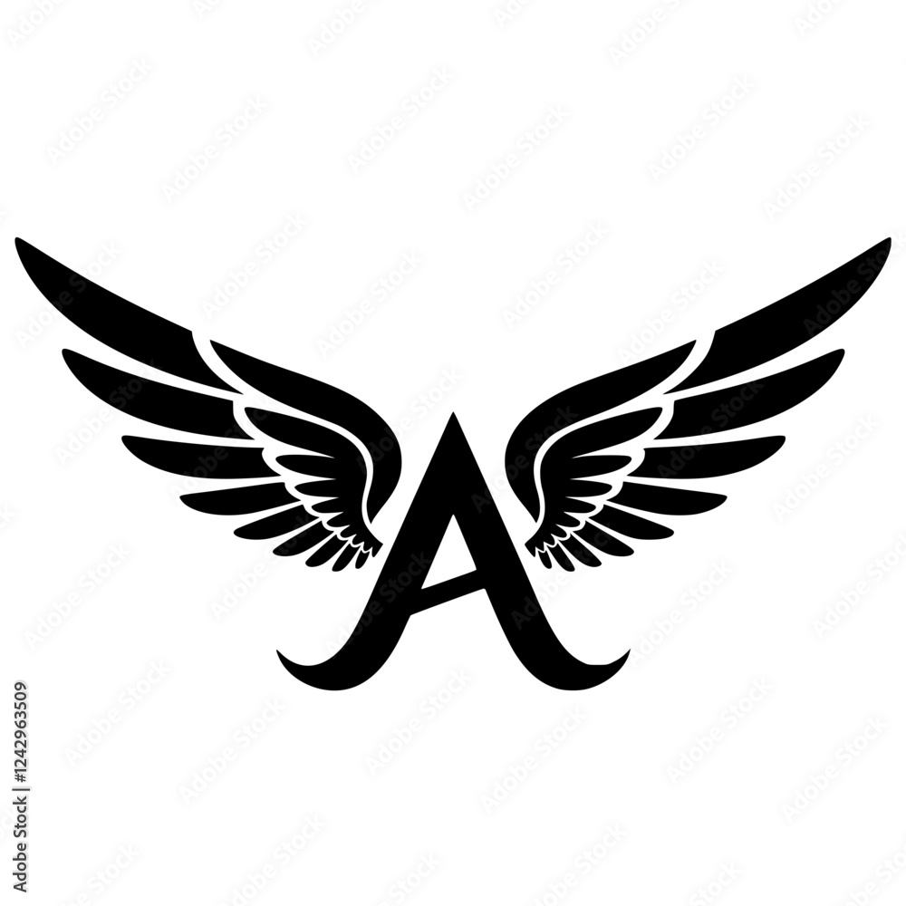 Fototapeta premium Winged Letter A Black Logo Design, Black stylized letter A with symmetrical wings, creating a modern and minimalist logo design. Ideal for branding, aviation, or sports themes. 