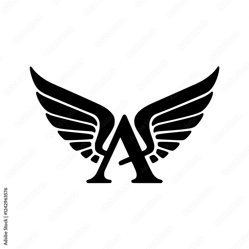 Fototapeta premium Winged Letter A Black Logo Design, Black stylized letter A with symmetrical wings, creating a modern and minimalist logo design. Ideal for branding, aviation, or sports themes. 