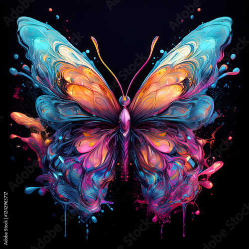 digital artwork of a colorful butterfly in liquid paint, in the colors blue, orange and pink, full body portrait, from the side, black background, version 1
