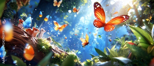 Enchanting butterfly encounter lush forest nature scene vibrant ecosystem eye-level view serene wilderness photo