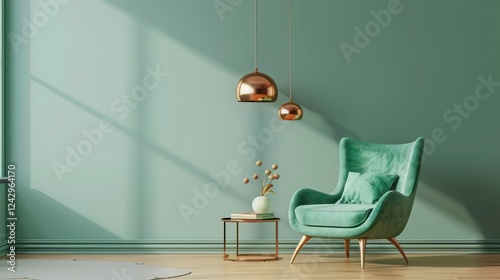Trendy Modern Living Room in Forest Green with Mint Green Armchair, Gold and Copper Decor, Stylish Minimalist Design