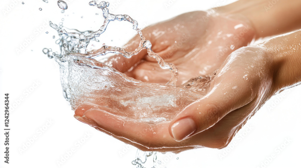 pair of hands gracefully catching dynamic splash of clear water, symbolizing purity and freshness. water droplets are captured mid air, creating sense of motion and vitality pair of hands gracefully catching dynamic splash of clear water, symbolizing purity and freshness. water droplets are captured mid air, creating sense of motion and vitality