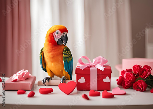 Colorful Macaw Parrot with Valentine s Day Gift and Roses photo