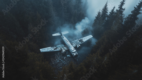 Aerial view of crashed plane in dense forest surrounded by smoke and debris, small clearing visible in distance. Aviation disaster, emergency response, and survival scenario concepts.