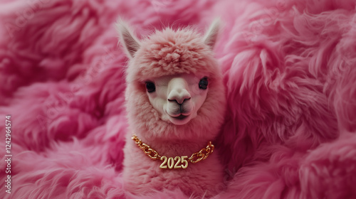 Elegant Pink Alpaca Wearing Gold Chain with 