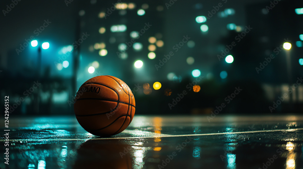 Obraz premium A basketball resting on an outdoor court with city lights illuminating the background, highlighting the urban sports scene at night.