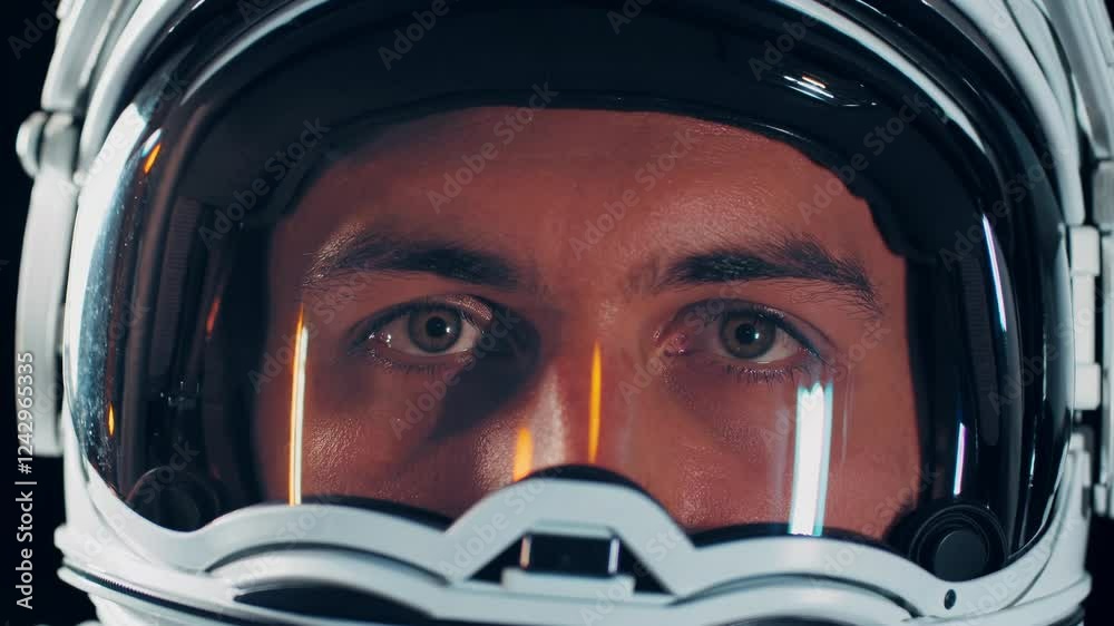 a close-up of an astronaut’s face reflected in a visor with glowing orange lights. a close-up of an astronaut’s face reflected in a visor with glowing orange lights.