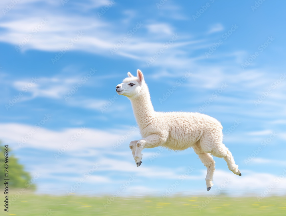 Fototapeta premium Cute Alpaca Flying High Above, Creative Concept Art, Generative AI