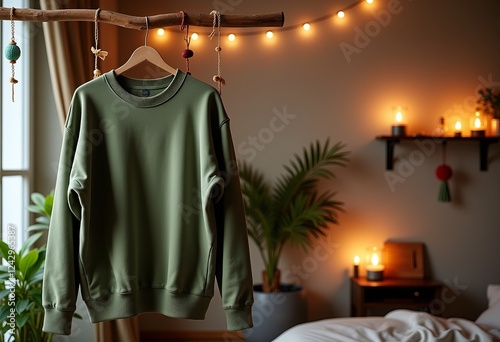 Apparel Mockup: Olive Green Sweatshirt on Hanger, Cozy Boho Vibe, Candles, String Lights, Product Presentation, Clothing Showcase, Lifestyle Photo, E-commerce Mockup, Marketing Asset.

 photo