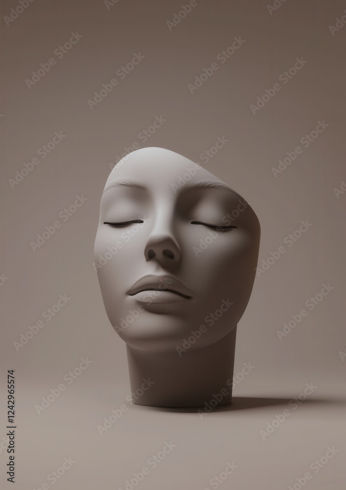 3d rendering of a human head with closed eyes. the head is made of a light-colored material and is placed on a plain beige background. the eyes are closed and appear to be peaceful and serene. 3d rendering of a human head with closed eyes. the head is made of a light-colored material and is placed on a plain beige background. the eyes are closed and appear to be peaceful and serene.