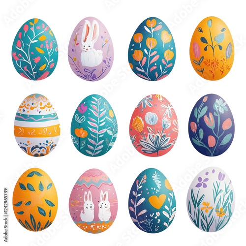 Decorative Easter Eggs with Floral Patterns and Cute Rabbits Design