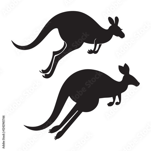 A silhouette of a kangaroo in mid-hop. The kangaroo is bounding through the air with its front legs stretched out and its hind legs tucked up. The kangaroo is set against