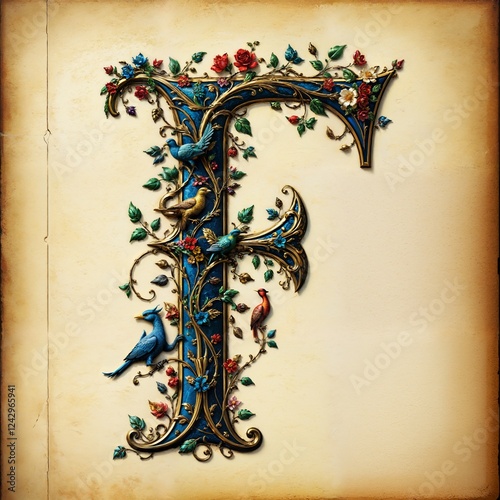 Ein kunstvoll illuminiertes mittelalterliches „F“ mit goldenen Verzierungen, floralen Mustern und versteckten Fabelwesen auf gealtertem Pergament. Reichhaltige Farben betonen die historische Eleganz