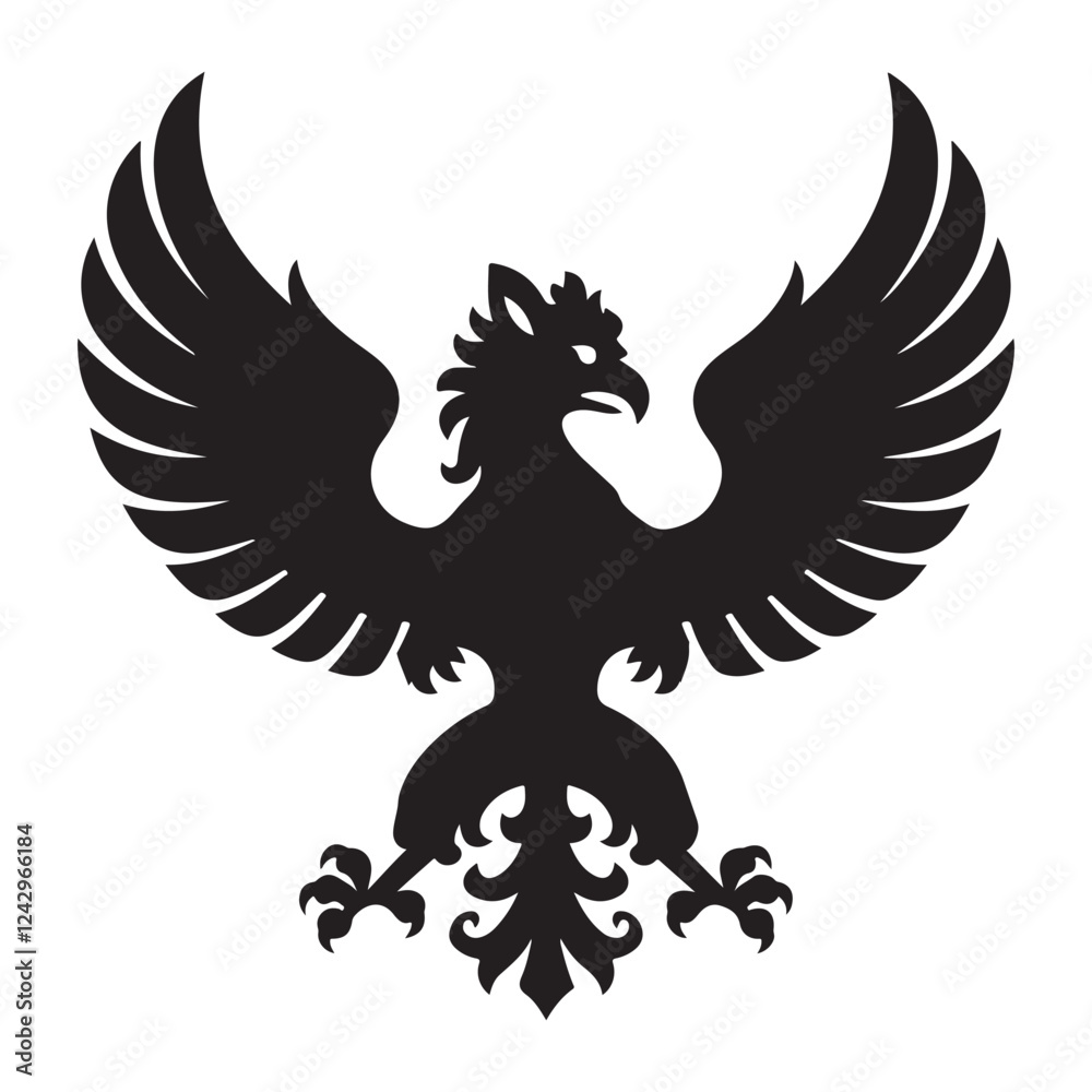 A silhouette of a legendary griffin with wings spread wide against A silhouette of a legendary griffin with wings spread wide against