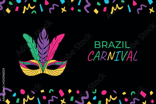Brazil carnival banner, poster, flyer. Happy Purim. Mardi gras carnival and festival. Colorful template with confetti, masks and place for text. Vector.