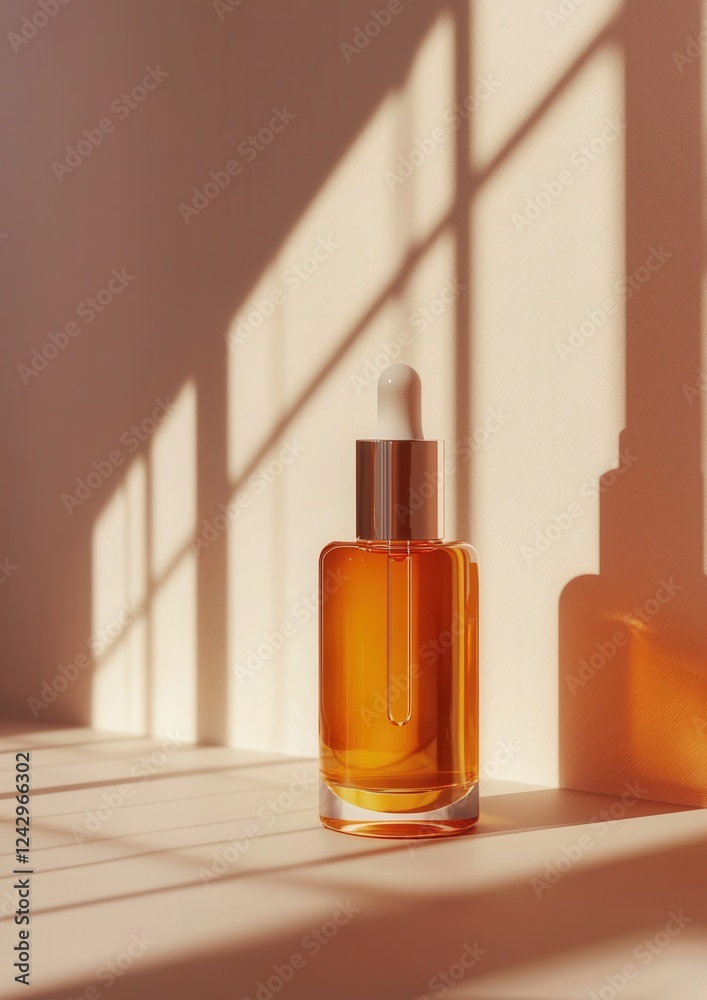Small glass bottle with a dropper on top. the bottle is orange in color and has a sleek and modern design. it is placed on a white surface with a shadow cast on the right side of the image. Small glass bottle with a dropper on top. the bottle is orange in color and has a sleek and modern design. it is placed on a white surface with a shadow cast on the right side of the image.