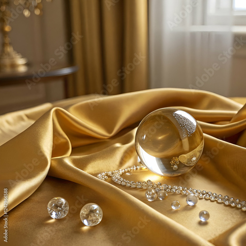 A crystal ball placed on a luxurious golden silk fabric.

A golden glass orb surrounded by diamonds and high-end jewelry.

A shining glass sphere in a gold-themed room with reflections.

A minimalisti photo