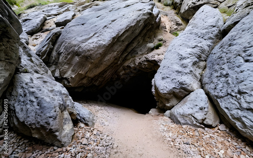 Hidden cave entrance in a rocky hill