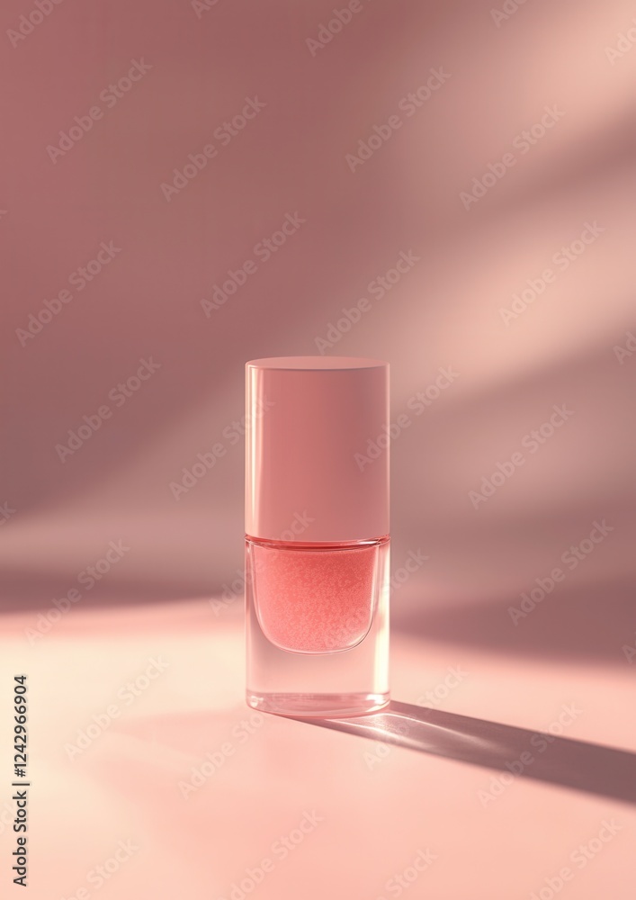 3d rendering of a small glass bottle with a pink cap. the bottle is placed on a light pink background with a subtle shadow cast on the right side. 3d rendering of a small glass bottle with a pink cap. the bottle is placed on a light pink background with a subtle shadow cast on the right side.
