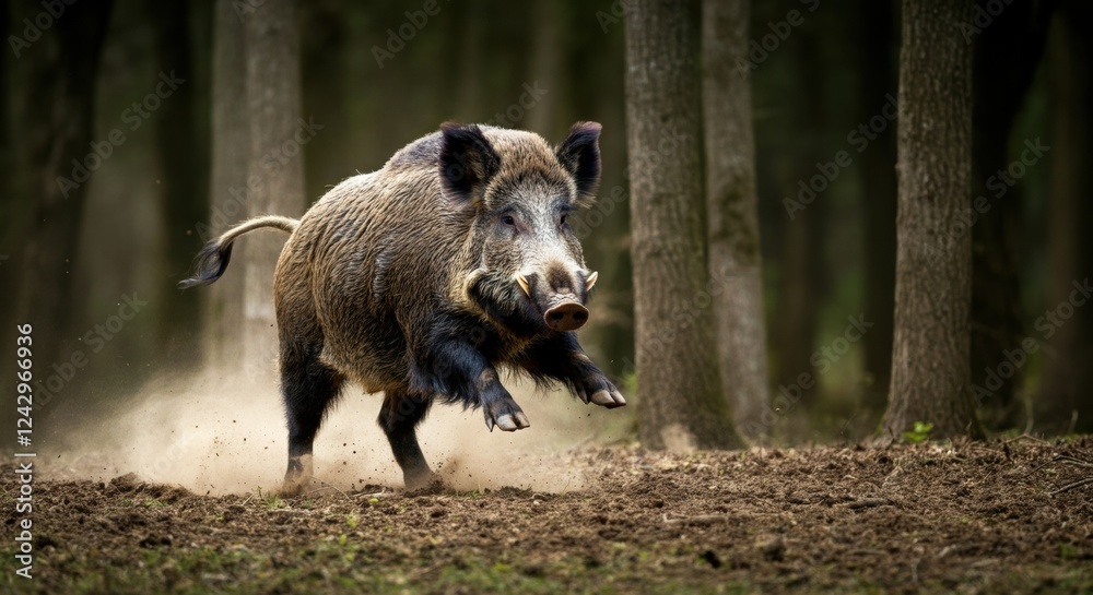 Wild boar in motion in forest environment captured mid-stride Wild boar in motion in forest environment captured mid-stride