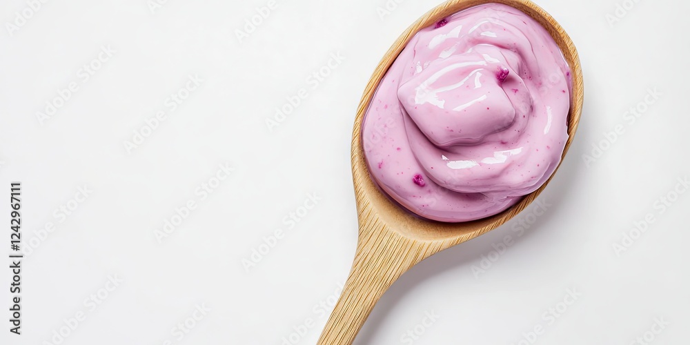 Close-up of Pink Yogurt in a Wooden Spoon