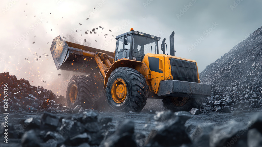 powerful front end loader pours rocks onto pile, creating dynamic scene with flying debris and dust under cloudy sky. machine bright yellow color contrasts with dark rocks and overcast atmosphere powerful front end loader pours rocks onto pile, creating dynamic scene with flying debris and dust under cloudy sky. machine bright yellow color contrasts with dark rocks and overcast atmosphere