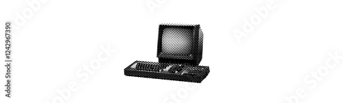 vintage personal computer from 1980s isolated on white background with monitor dark screen keyboard retro halftone grunge dotted vector cutout collage element for mixed media technology design